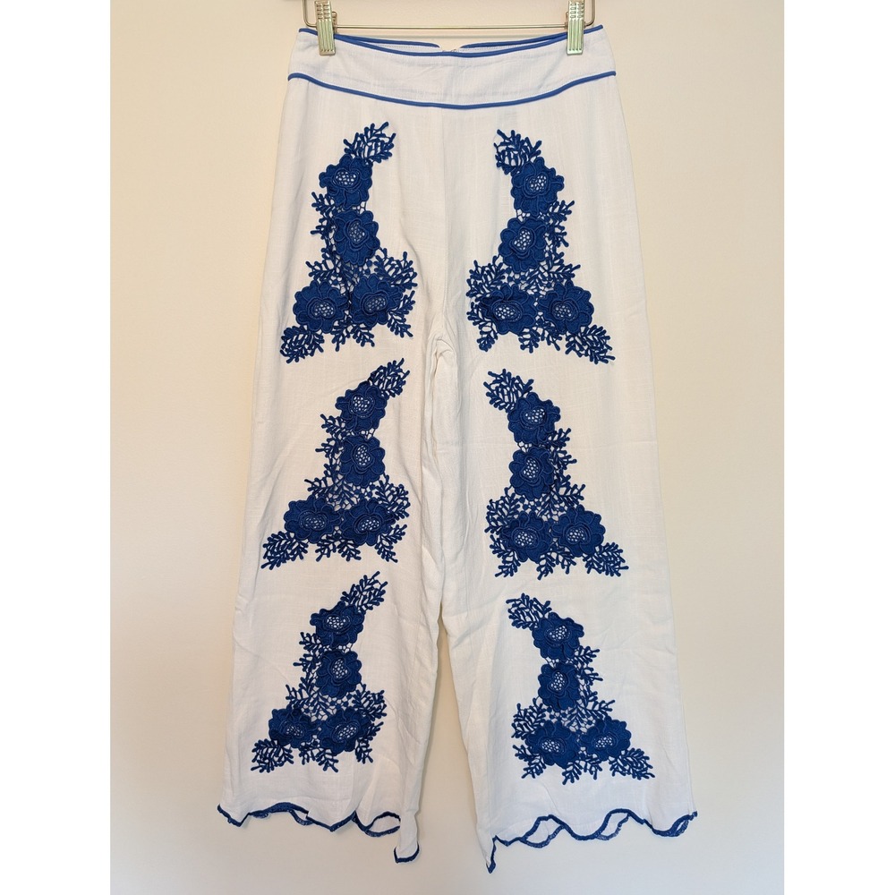 VICI Womens Extra Small White Blue Floral Embroidered Linen Pants (fits 26x26)